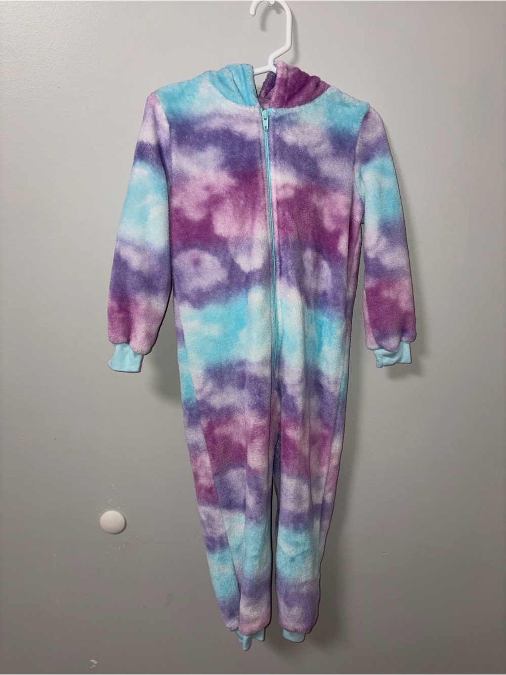 Okie Dokie Fuzzy Fleece Purple Pink Blue Tie Dye Narwhal Hood Jumpsuit 3T